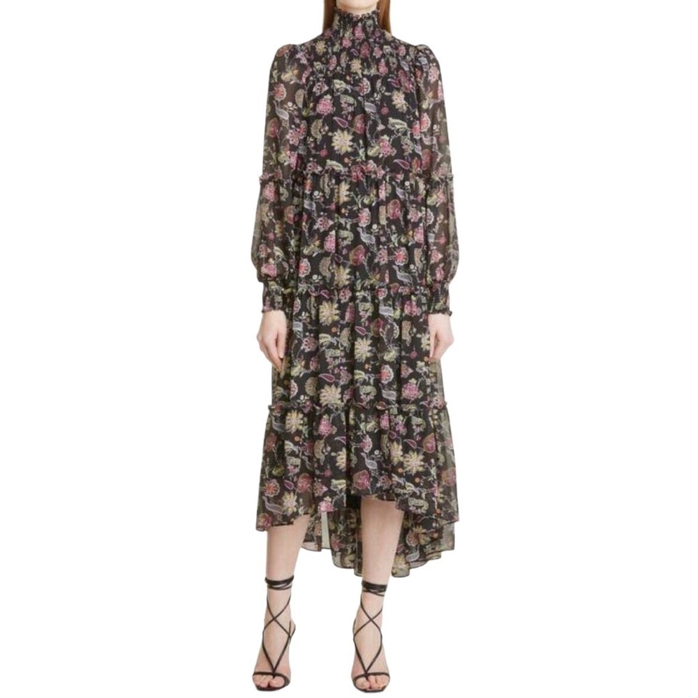 cinq a sept Paisley Long Sleeve Dress Black Size 6 High Low Hem Mock Neck - Picture 1 of 10